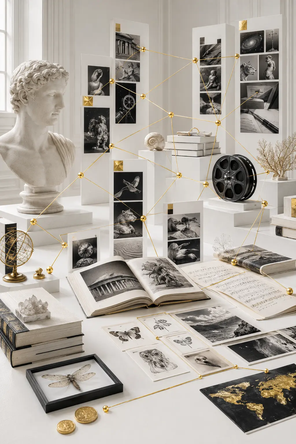 Patrimoine culturel et encyclopédique noir et blanc, relié par une constellation d’or