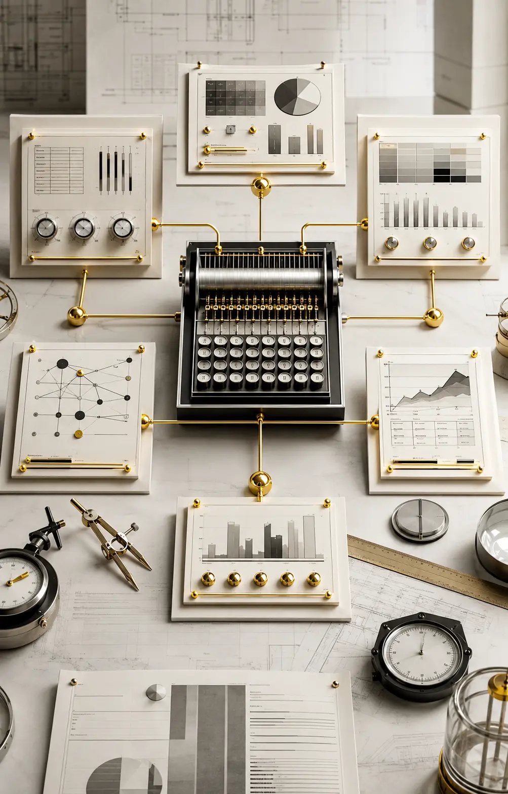 Infrastructure de calcul noir et blanc du réseau d’outils, reliée par des tracés d’or